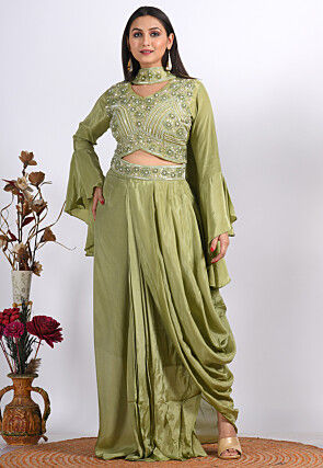 Hand Embroidered Pure Crepe Crop Top Set in Light Green