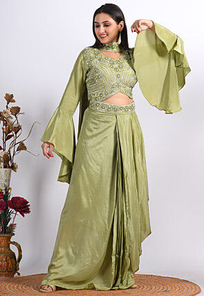 Hand Embroidered Pure Crepe Crop Top Set in Light Green