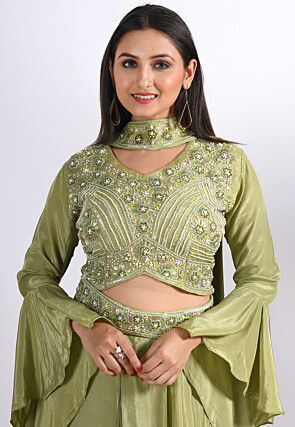 Hand Embroidered Pure Crepe Crop Top Set in Light Green