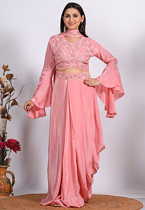 Hand Embroidered Pure Crepe Crop Top Set in Peach