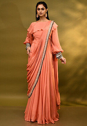 Hand Embroidered Pure Crepe Gown with attached Dupatta in Peach