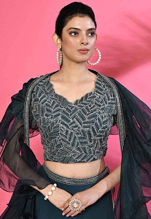 Hand Embroidered Pure Crepe Layered Lehenga in Teal Blue