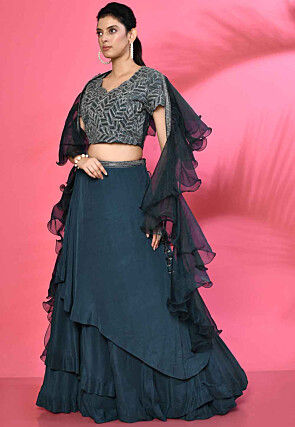 Hand Embroidered Pure Crepe Layered Lehenga in Teal Blue