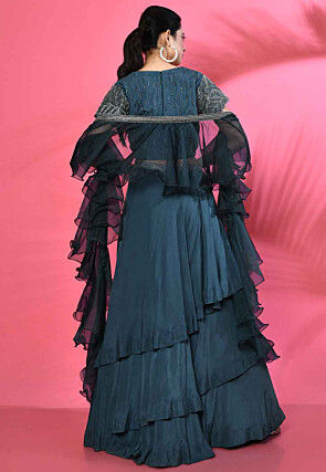 Hand Embroidered Pure Crepe Layered Lehenga in Teal Blue