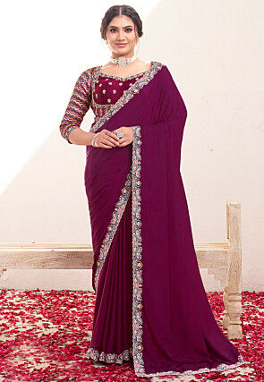 Hand Embroidered Pure Crepe Saree in Violet