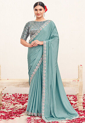Hand Embroidered Pure Crepe Scalloped Saree in Blue