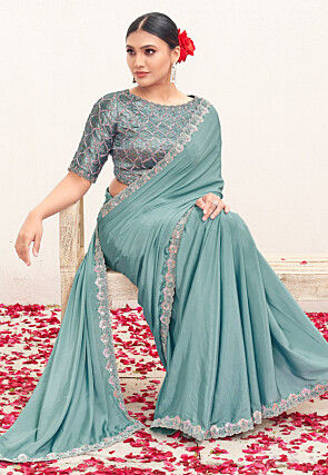 Hand Embroidered Pure Crepe Scalloped Saree in Blue
