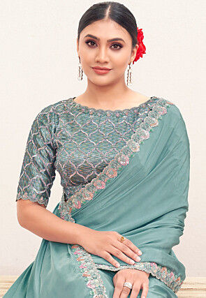 Hand Embroidered Pure Crepe Scalloped Saree in Blue