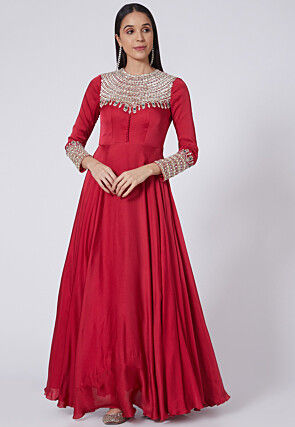 Hand Embroidered Pure Crepe Silk Gown in Red