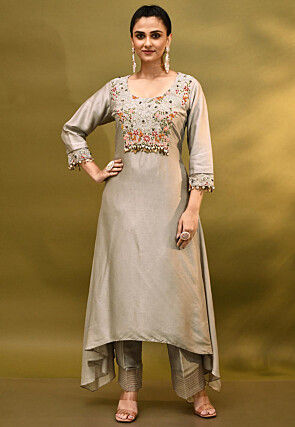 Hand Embroidered Pure Dupion Silk Aline Kurta Set in Grey