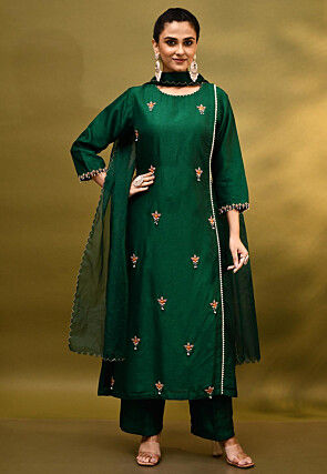 Hand Embroidered Pure Dupion Silk Pakistani Suit in Dark Green