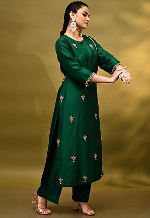 Hand Embroidered Pure Dupion Silk Pakistani Suit in Dark Green