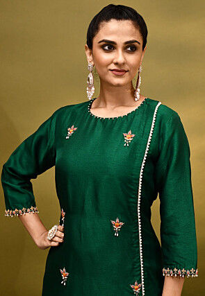 Hand Embroidered Pure Dupion Silk Pakistani Suit in Dark Green