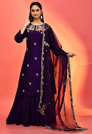 Hand Embroidered Pure Dupion Silk Pakistani Suit in Dark Purple
