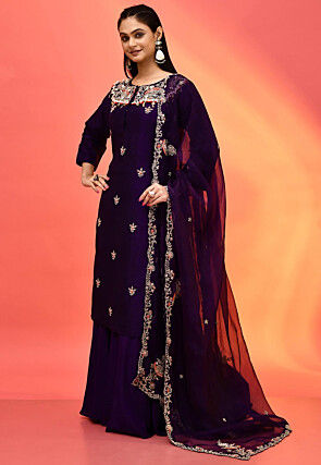 Hand Embroidered Pure Dupion Silk Pakistani Suit in Dark Purple