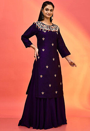 Hand Embroidered Pure Dupion Silk Pakistani Suit in Dark Purple