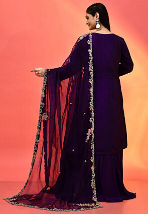 Hand Embroidered Pure Dupion Silk Pakistani Suit in Dark Purple