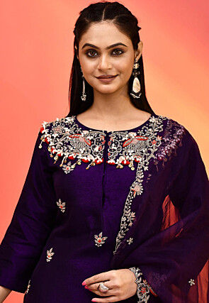 Hand Embroidered Pure Dupion Silk Pakistani Suit in Dark Purple