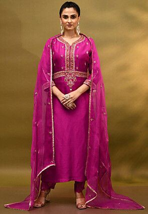 Hand Embroidered Pure Dupion Silk Pakistani Suit in Fuchsia