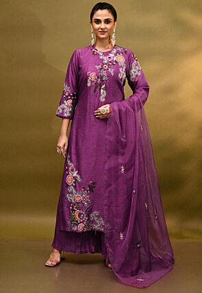 Hand Embroidered Pure Dupion Silk Pakistani Suit in Purple