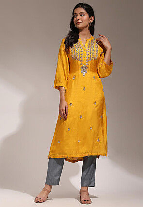 Hand Embroidered Pure Dupion Silk Straight Kurta Set in Mustard