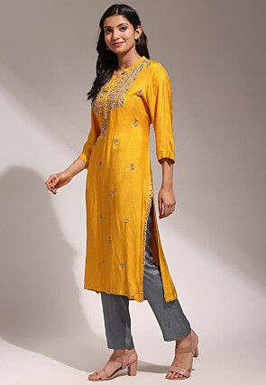 Hand Embroidered Pure Dupion Silk Straight Kurta Set in Mustard
