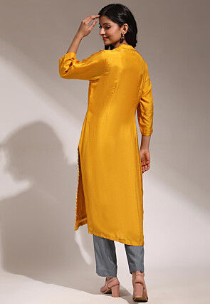 Hand Embroidered Pure Dupion Silk Straight Kurta Set in Mustard
