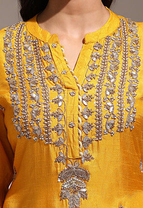 Hand Embroidered Pure Dupion Silk Straight Kurta Set in Mustard