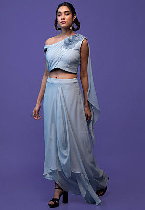Hand Embroidered Pure Georgette and Organza Crop Top Set in Pastel Blue