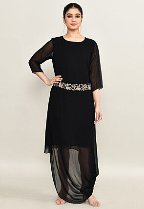 Hand Embroidered Pure Georgette Cowl Dress in Black