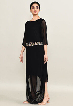 Hand Embroidered Pure Georgette Cowl Dress in Black