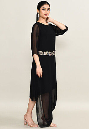 Hand Embroidered Pure Georgette Cowl Dress in Black