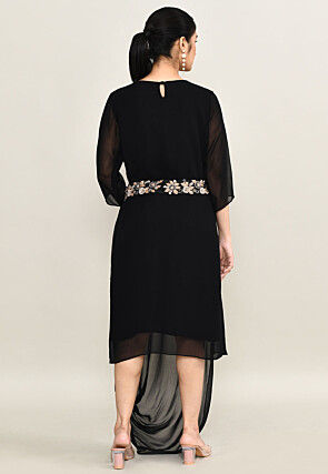 Hand Embroidered Pure Georgette Cowl Dress in Black