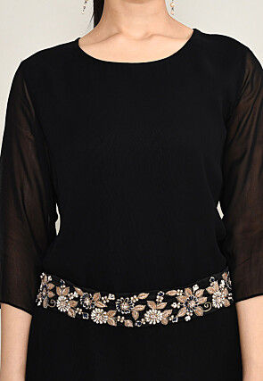 Hand Embroidered Pure Georgette Cowl Dress in Black