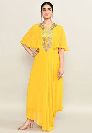 Hand Embroidered Pure Georgette Cowl Gown in Yellow