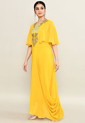 Hand Embroidered Pure Georgette Cowl Gown in Yellow
