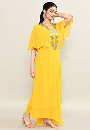 Hand Embroidered Pure Georgette Cowl Gown in Yellow