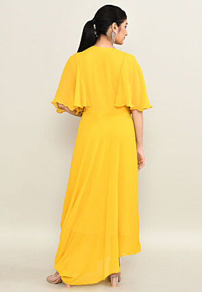 Hand Embroidered Pure Georgette Cowl Gown in Yellow