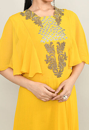 Hand Embroidered Pure Georgette Cowl Gown in Yellow