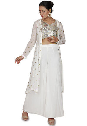 Hand Embroidered Pure Georgette Crop Top Set in Off White
