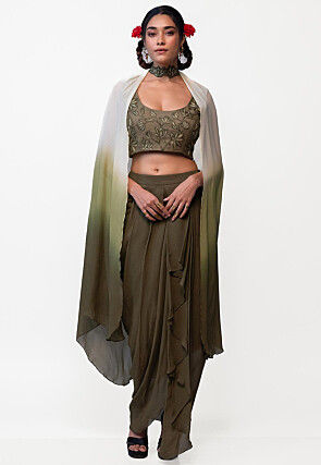 Hand Embroidered Pure Georgette Crop Top Set in Olive Green
