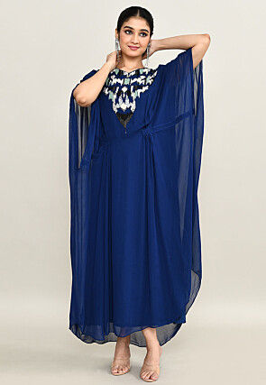 Hand Embroidered Pure Georgette Kaftan Dress in Royal Blue