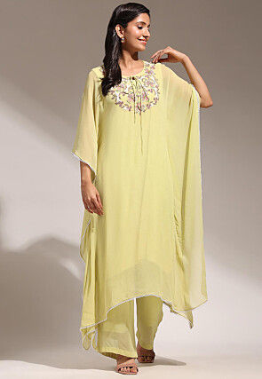 Hand Embroidered Pure Georgette Kaftan Style Kurta Set in Yellow