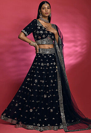 Hand Embroidered Pure Georgette Lehenga in Dark Navy Blue
