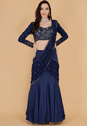 Hand Embroidered Pure Georgette Lehenga in Navy Blue