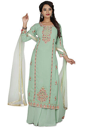 Hand Embroidered Pure Georgette Lehenga in Pastel Green