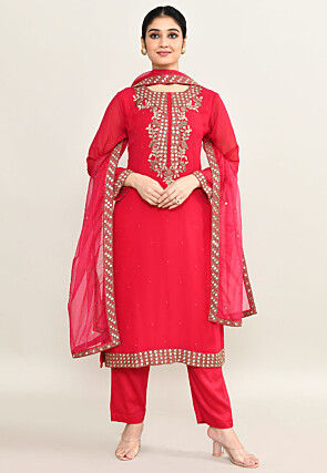 Hand Embroidered Pure Georgette Pakistani Suit in Coral Pink