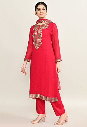 Hand Embroidered Pure Georgette Pakistani Suit in Coral Pink