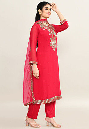 Hand Embroidered Pure Georgette Pakistani Suit in Coral Pink