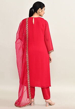 Hand Embroidered Pure Georgette Pakistani Suit in Coral Pink